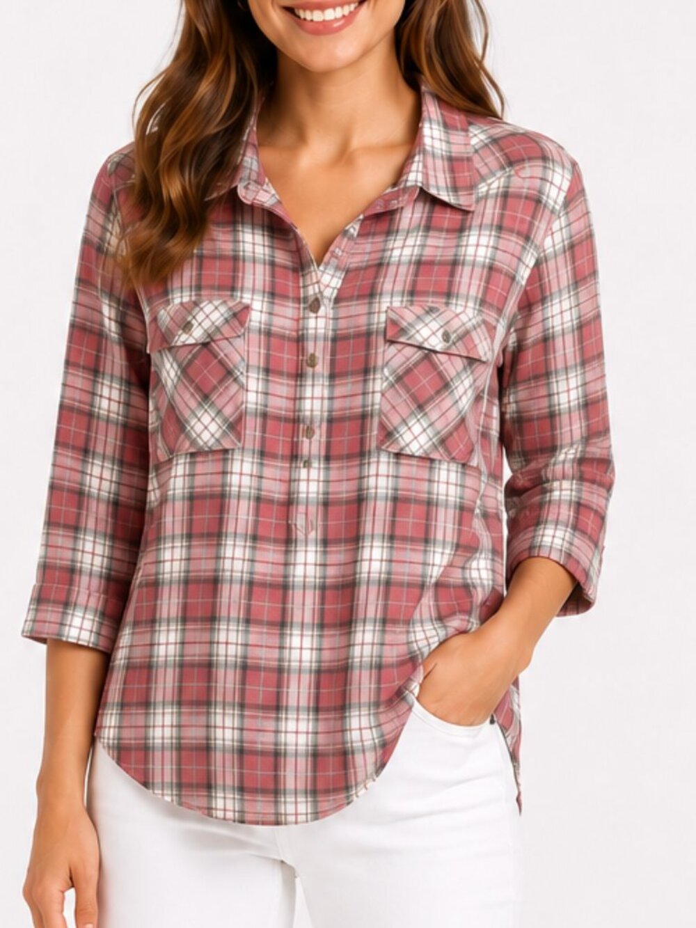 HAUTE HIPPIE Red Black Tan Plaid Snap Front Popover Brushed Dolman Top XS EUC
